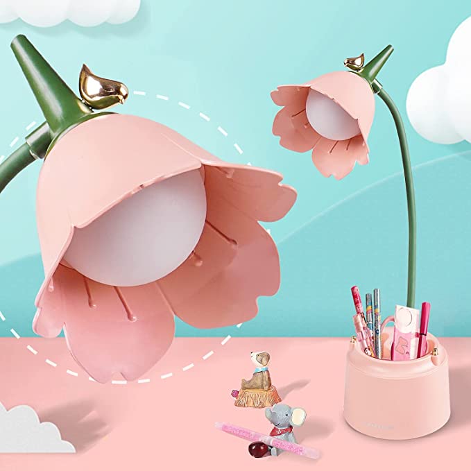Wiederaufladbare Kinderlampe, Neporal LED-Schreibtischlampe, Touch-Steuerung, Dimmen, 3 Helligkeiten, 360° flexibler Schwanenhals, Augenpflege, Kinder-Lernlampe mit Stifthalter für Mädchen, Jungen (Blume)