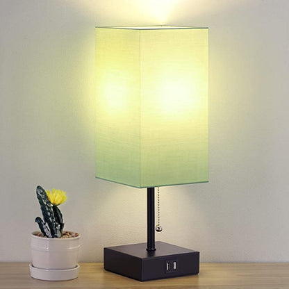 Tischlampe mit Zugkette, Nachttischlampen mit 2 USB-Ladeanschlüssen, 2700 K LED-Glühbirne, weißer Leinen-Lampenschirm für Wohnzimmer, Wohnheim, Büro, Zuhause